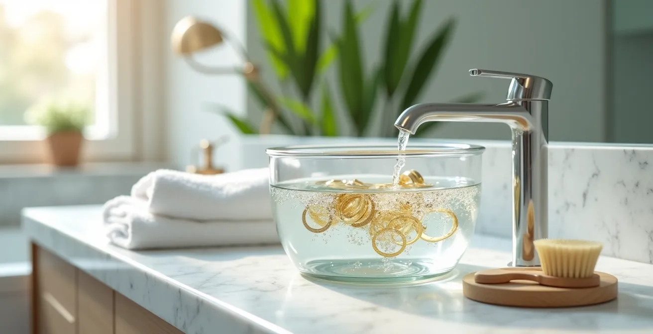 Bain à ultrasons domestique avec bijoux en or immergés dans une solution transparente