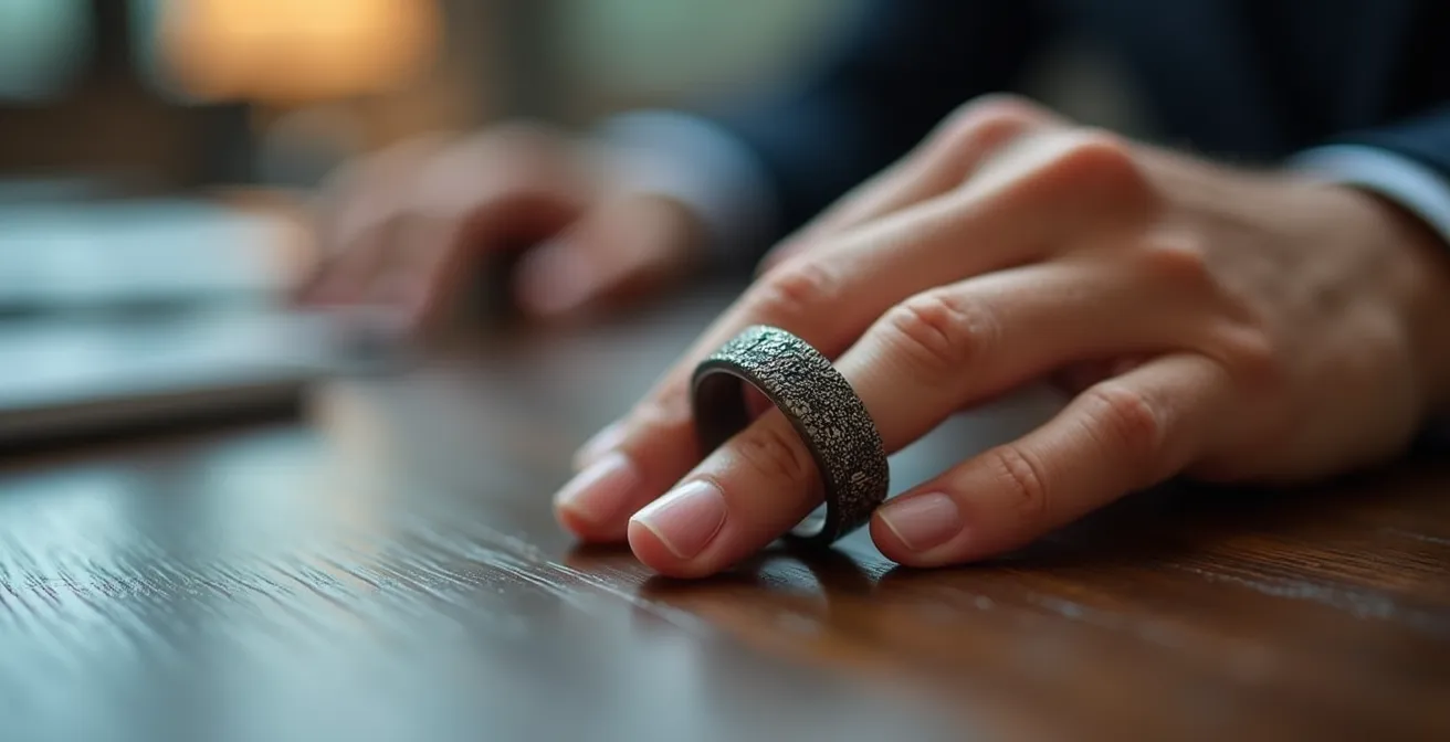 Gros plan macro sur une main touchant délicatement une bague texturée pendant une conversation