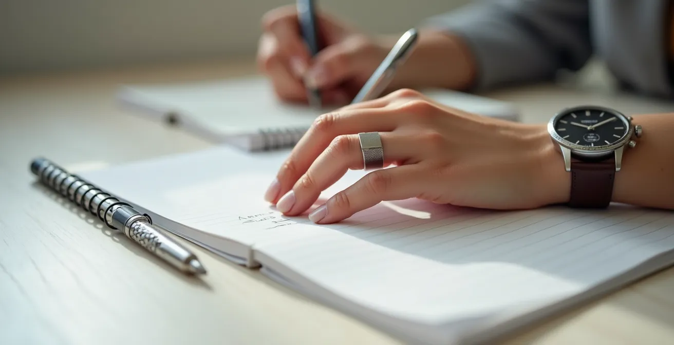 Gros plan sur des bijoux minimalistes portés lors d'un entretien en visioconférence