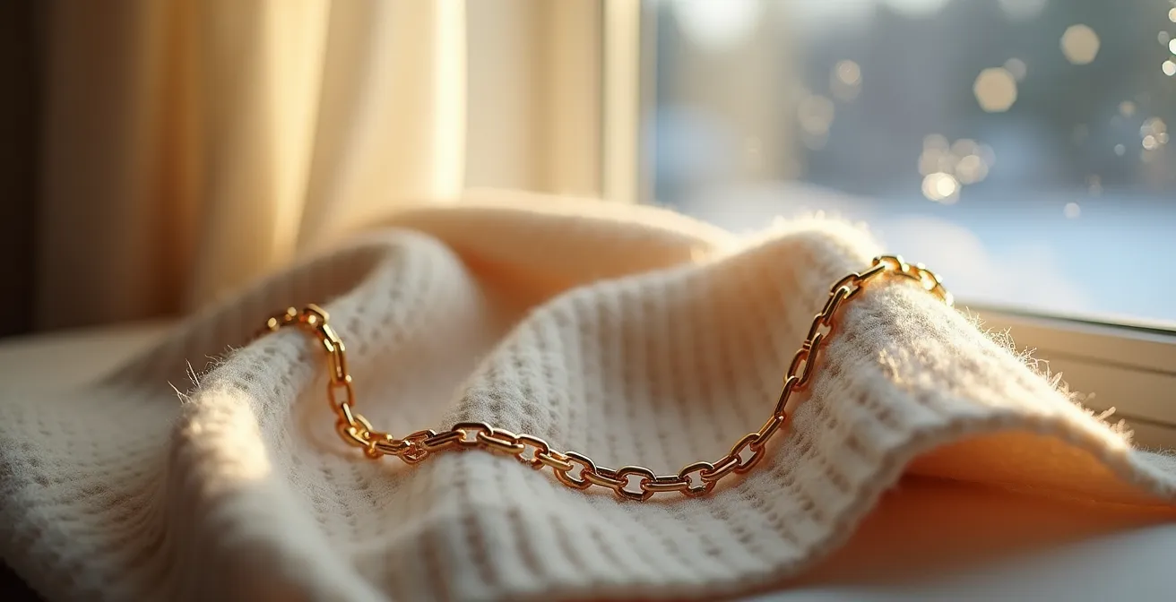 Collier délicat posé sur un pull en cachemire beige texturé