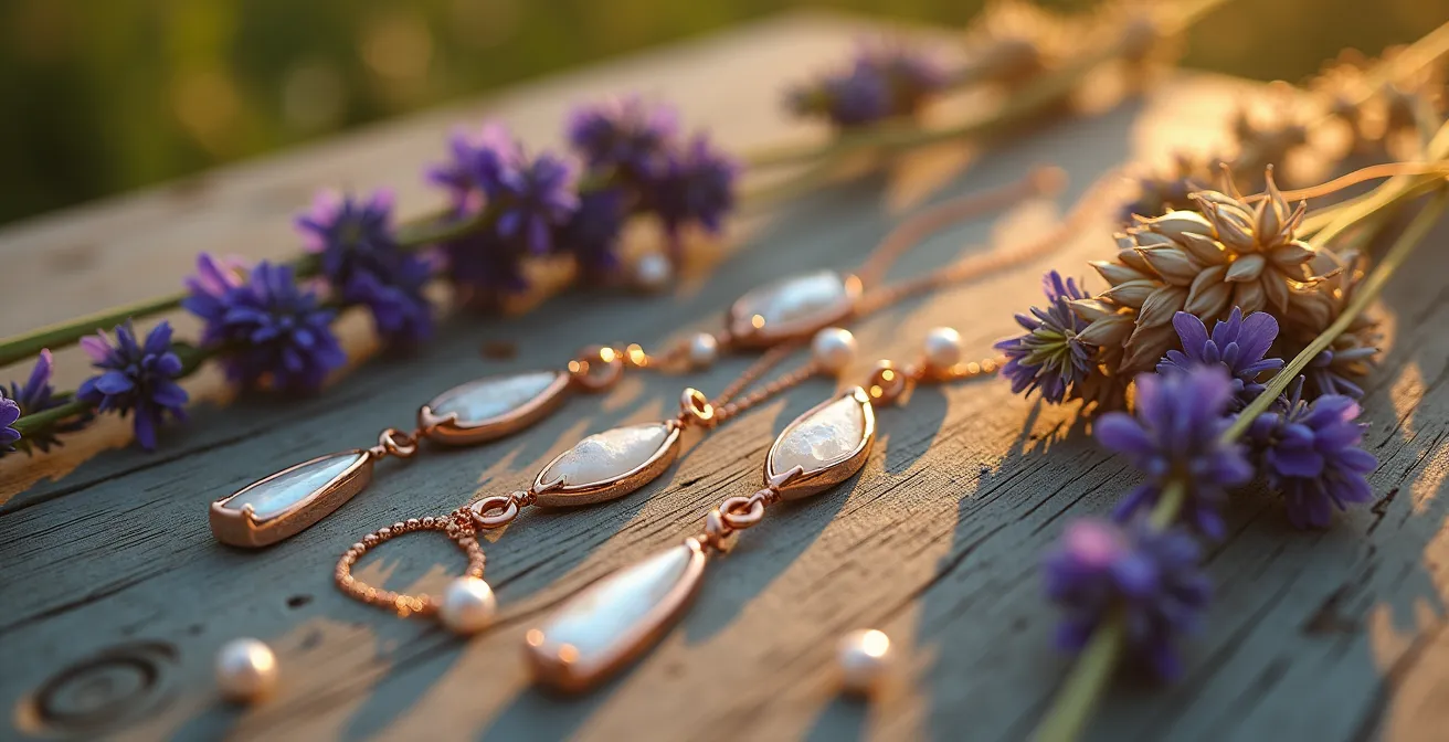 Composition de bijoux champêtres sophistiqués avec perles baroques et éléments naturels