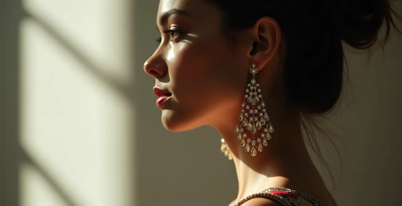 Portrait d'une femme avec des boucles d'oreilles chandelier créant un équilibre vertical