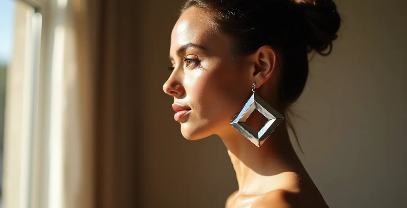 Portrait élégant montrant un chignon strict avec des boucles d'oreilles géométriques modernes