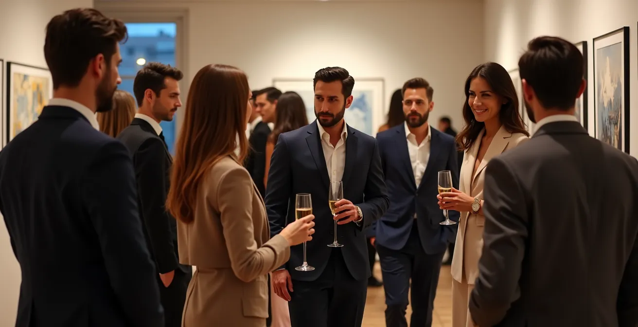 Scène d'un cocktail d'affaires avec des professionnels en tenue élégante dans un espace moderne