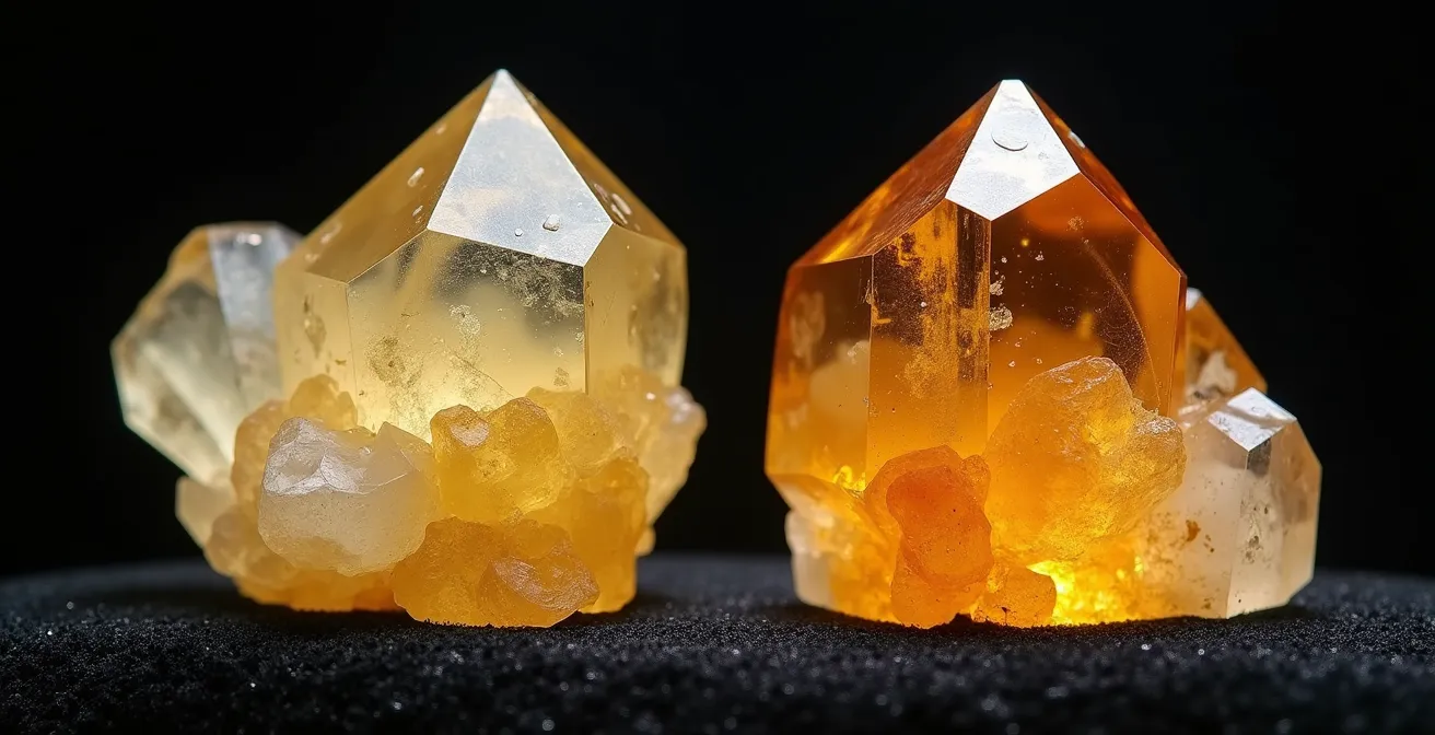 Vue macro détaillée montrant la différence de texture entre une citrine naturelle et une améthyste chauffée