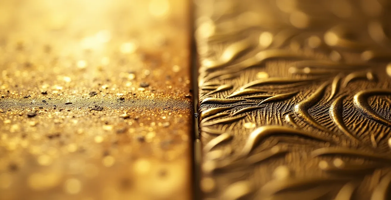 Vue macro comparative des techniques de gravure sur métal précieux