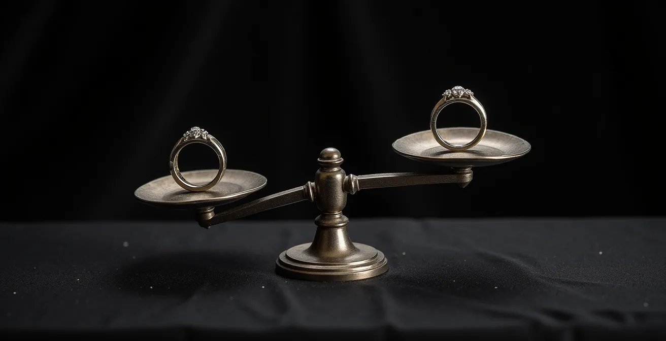 Balance de précision comparant visuellement le poids de deux alliances identiques en platine et palladium