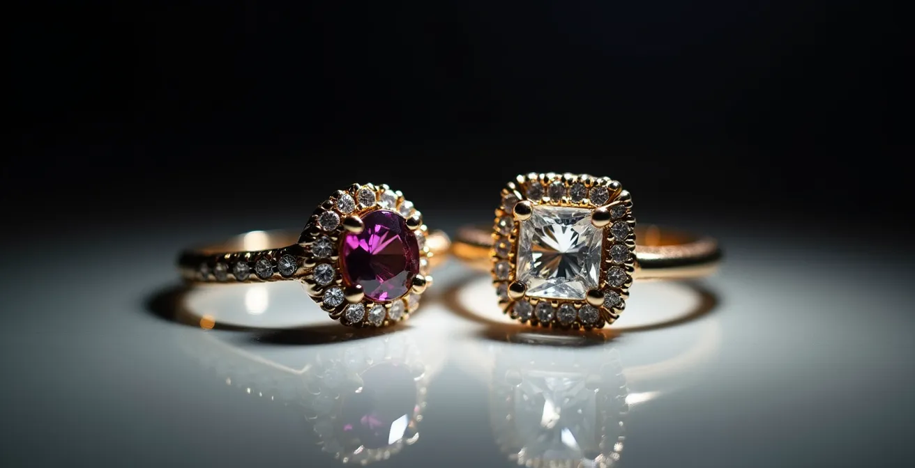 Comparaison visuelle entre un serti clos et un serti griffes sur deux bagues différentes