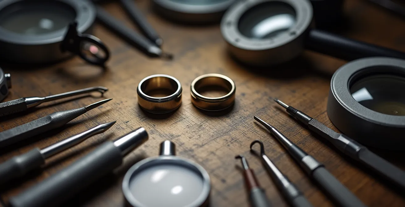 Vue comparative à la loupe entre un sertissage artisanal parfait et un sertissage industriel présentant des défauts