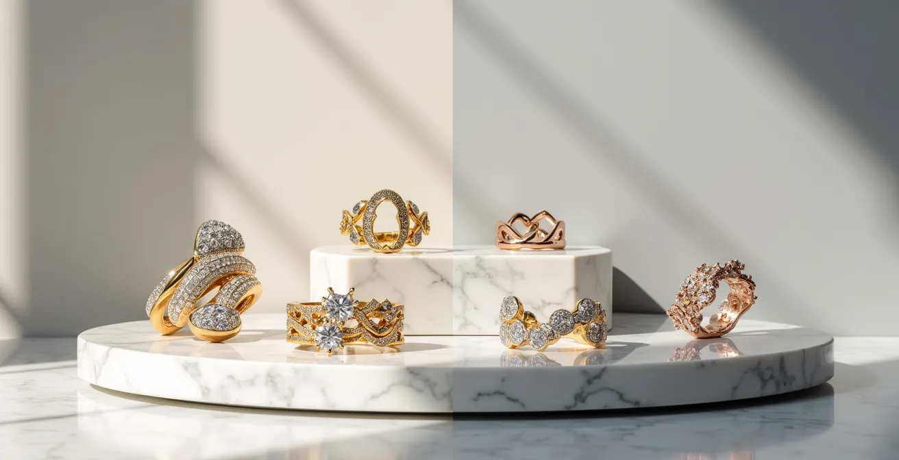 Comparaison visuelle entre différents styles de bijoux : baroque ornemental et épuré géométrique