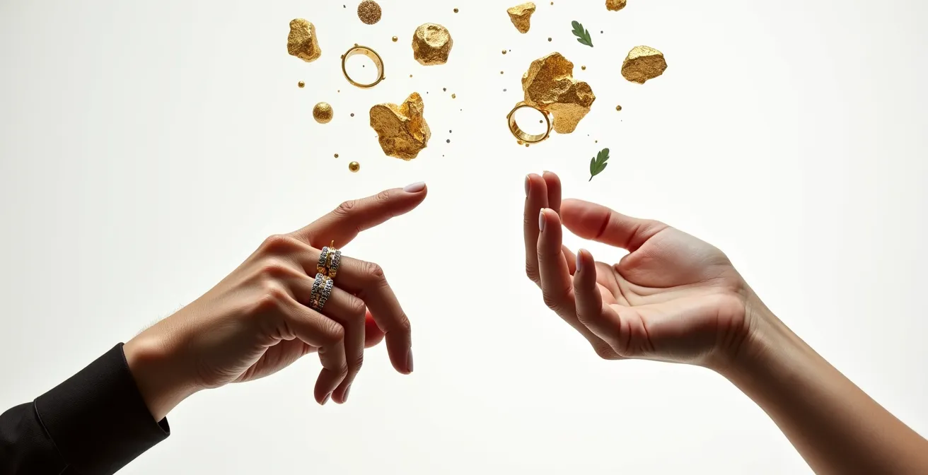 Deux mains tenant côte à côte une bague artisanale unique et une bague de marque avec leurs composants décomposés