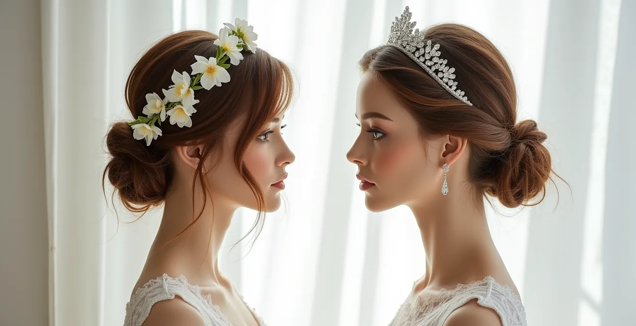 Composition comparative montrant une vigne florale souple et une tiare rigide avec un chignon romantique