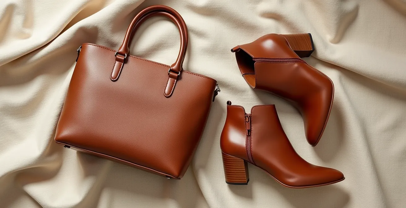 Composition élégante montrant un sac en cuir grainé mat et des bottines vernies dans des tons caramel