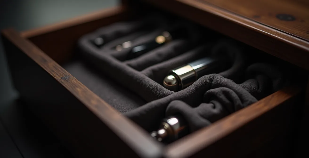 Intérieur d'armoire sombre avec rangement élégant pour parfums