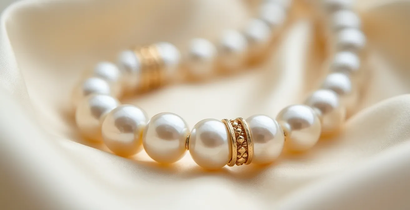 Vue macro détaillée des nœuds entre perles sur fil de soie montrant l'espacement