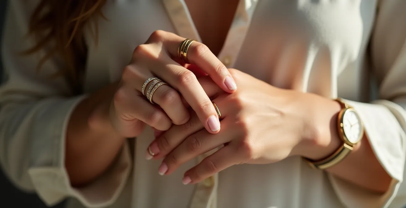 Composition humaine montrant l'élégance discrète à travers des accessoires raffinés