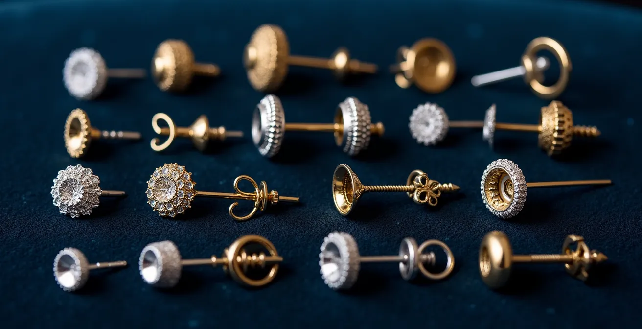 Gros plan sur différents types de fermoirs de boucles d'oreilles sécurisés