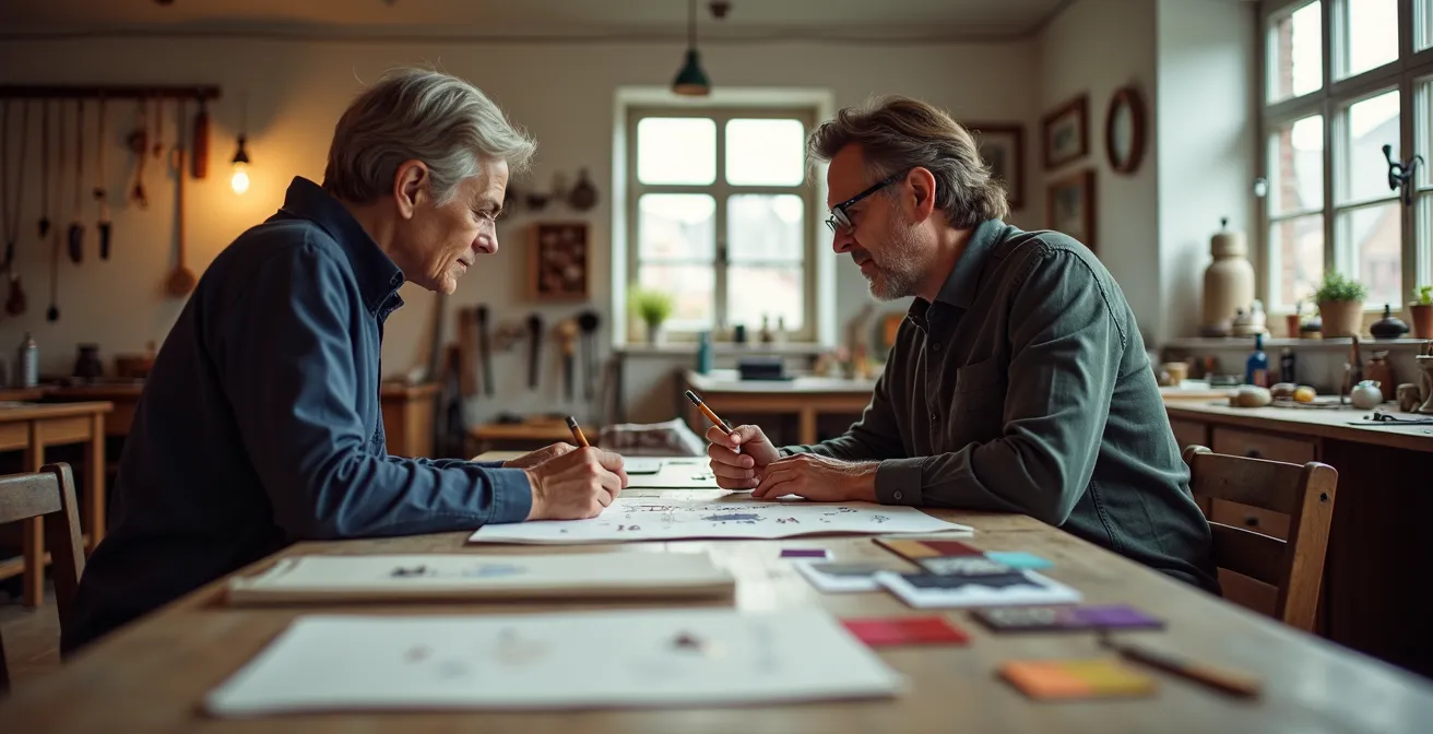 Joaillier et cliente échangeant autour de croquis de bijoux dans un atelier