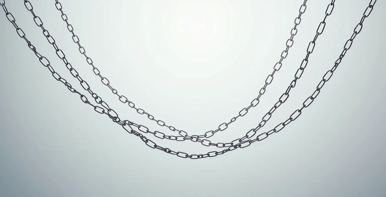 Composition minimaliste de chaînes cascadantes créant un mouvement fluide sur fond épuré