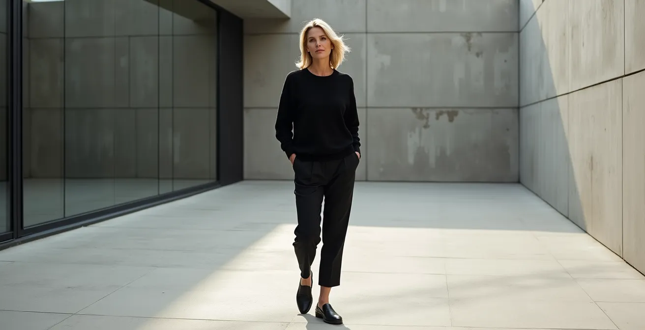 Femme élégante en tenue monochrome sans logos visibles dans un cadre architectural minimaliste