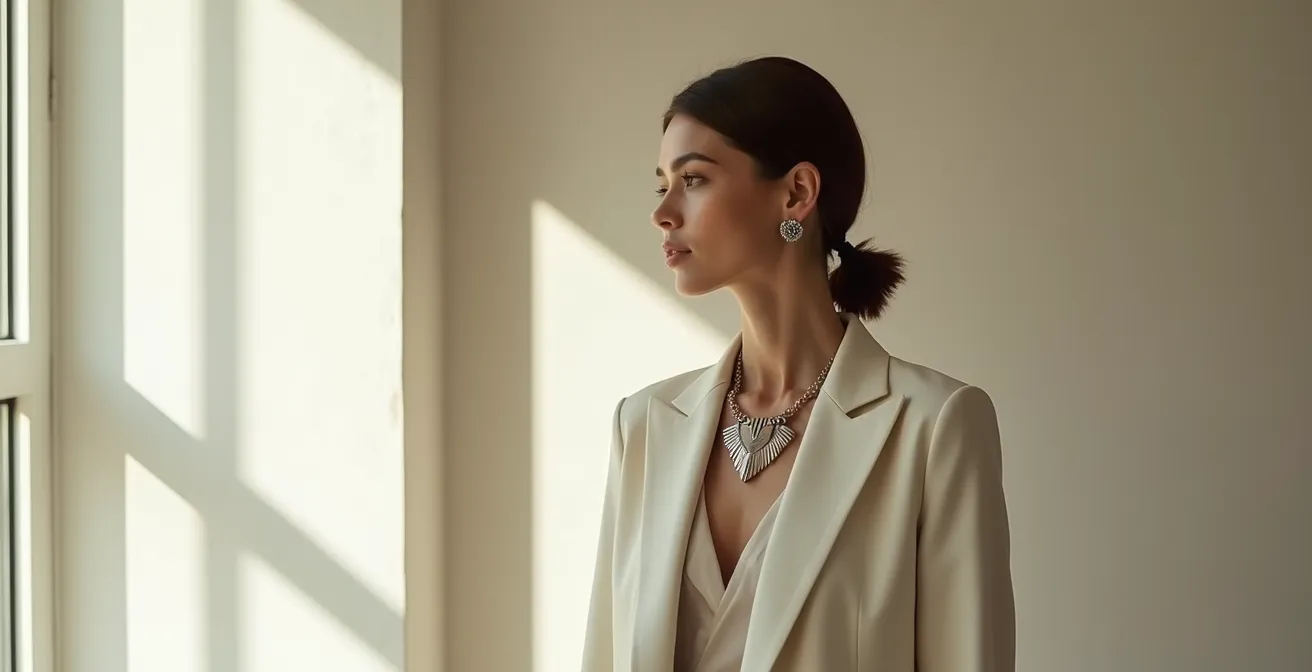 Composition épurée montrant une femme de profil avec un seul collier statement sur tenue minimaliste
