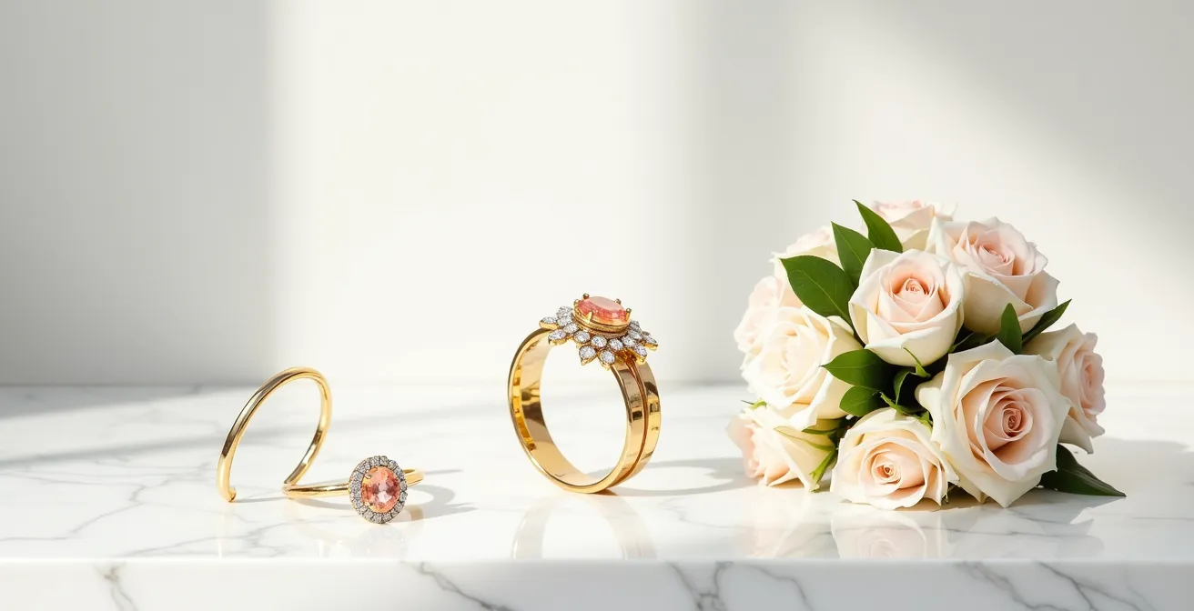 Composition montrant l'équilibre visuel entre différents styles de bijoux et tailles de bouquets