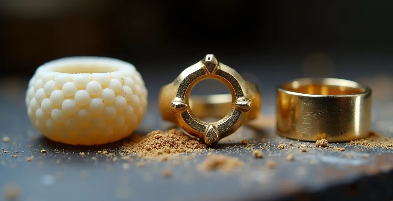 Vue macro d'une maquette en cire de bague à côté de sa version finale en or, montrant la transformation