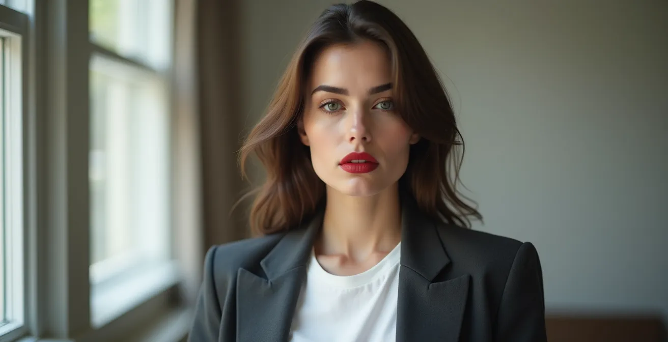 Portrait d'une femme portant un blazer oversize avec rouge à lèvres rouge vif