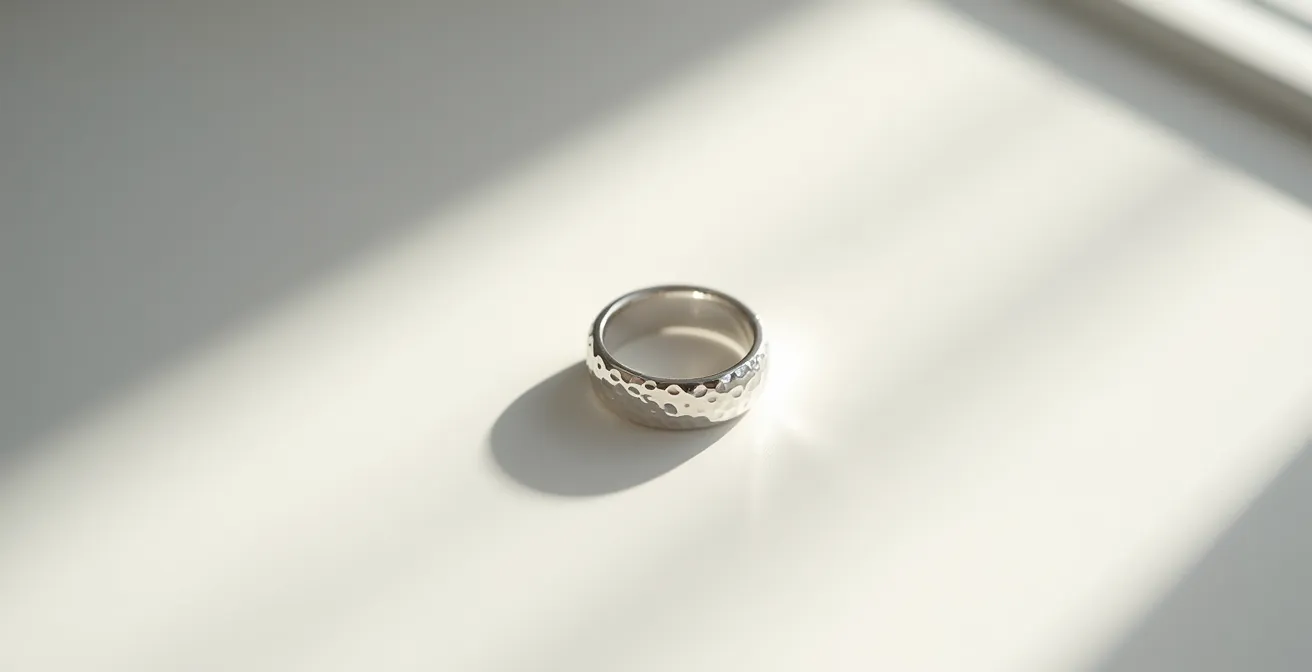 Surface martelée d'un bijou captant la lumière avec ses facettes artisanales