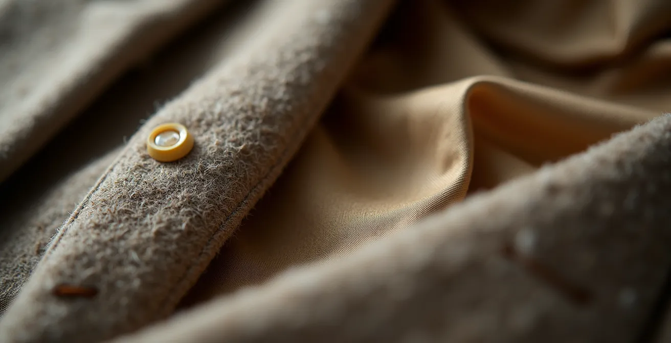 Gros plan sur les finitions intérieures d'une veste en laine avec doublure en soie et coutures anglaises