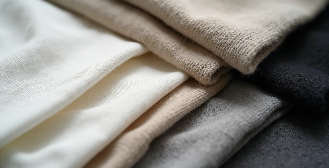 Vue macro détaillée de vêtements pliés avec précision montrant différentes textures de tissus naturels