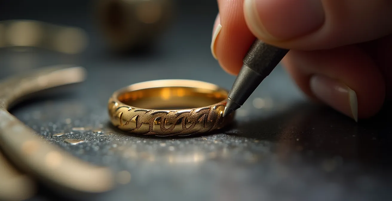 Vue macro d'une main d'artisan gravant délicatement une date sur l'intérieur d'un anneau doré