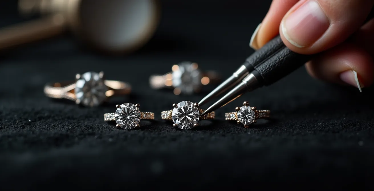 Inspection détaillée d'un sertissage à griffes sur une bague avec loupe de joaillier