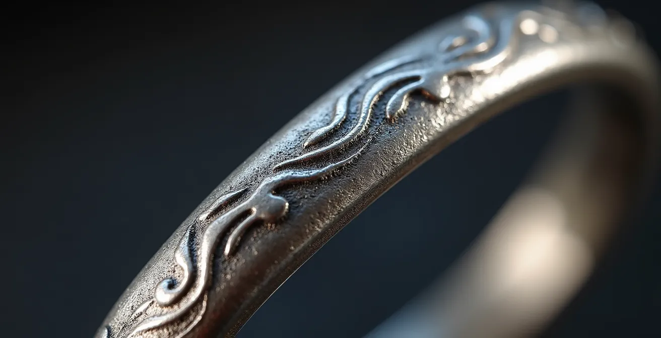Vue macro d'un jonc en argent montrant la transition entre partie brillante et partie ternie