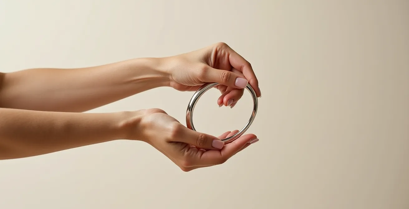 Mains démontrant la technique correcte d'enfilage d'un jonc par le côté du poignet