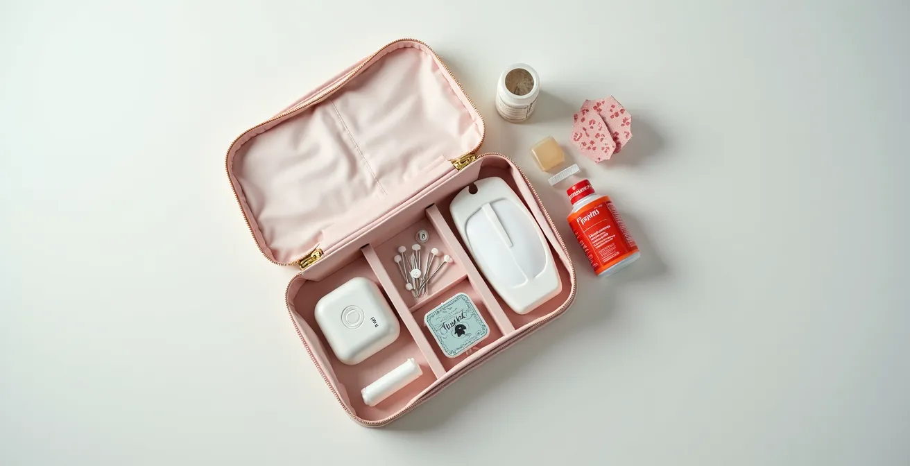 Vue aérienne d'un kit de survie de mariage ouvert avec ses éléments essentiels disposés avec soin