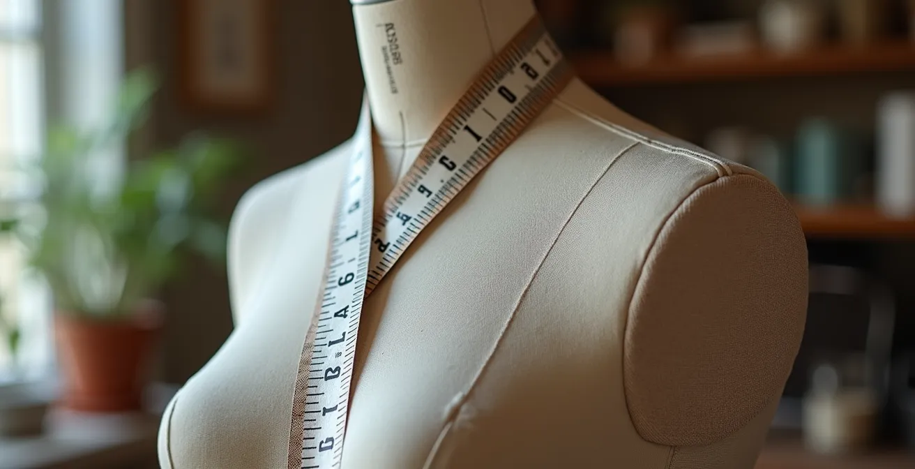 Vue macro d'un mètre ruban souple positionné autour d'un mannequin de couture, montrant les points de mesure clés