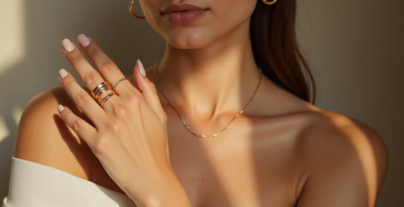 Composition minimaliste de trois bijoux fins en or de différentes teintes