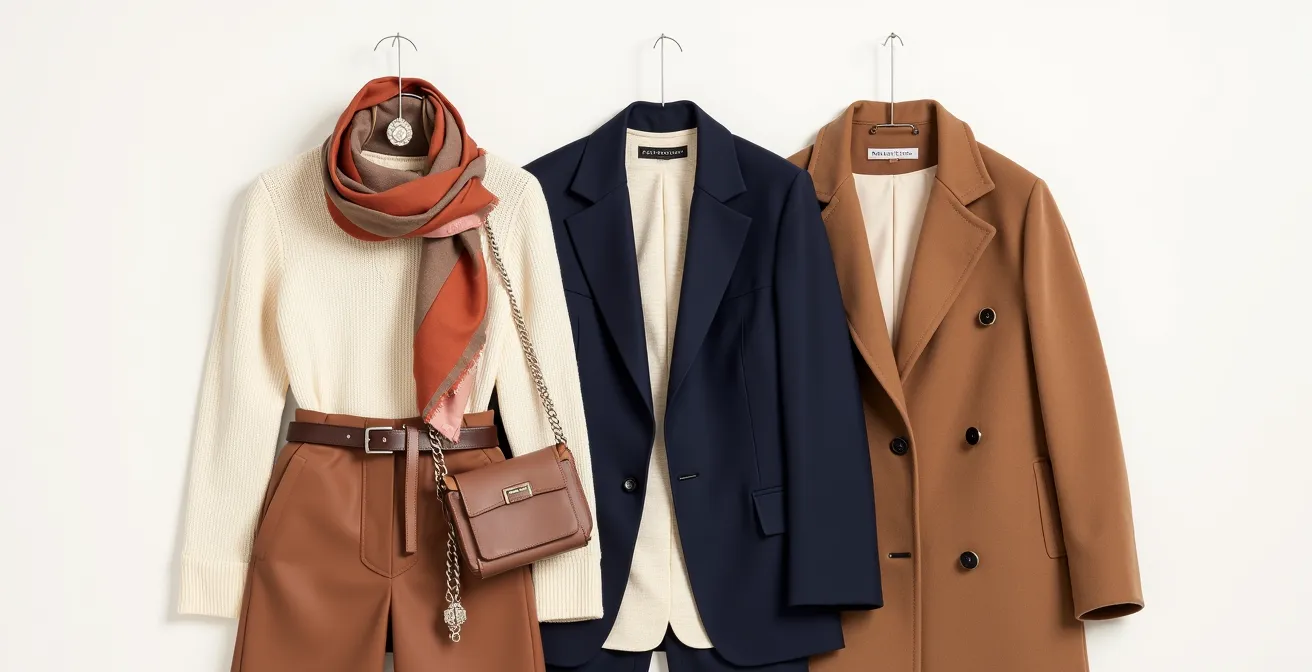 Arrangement harmonieux de vêtements neutres avec touches d'accessoires colorés