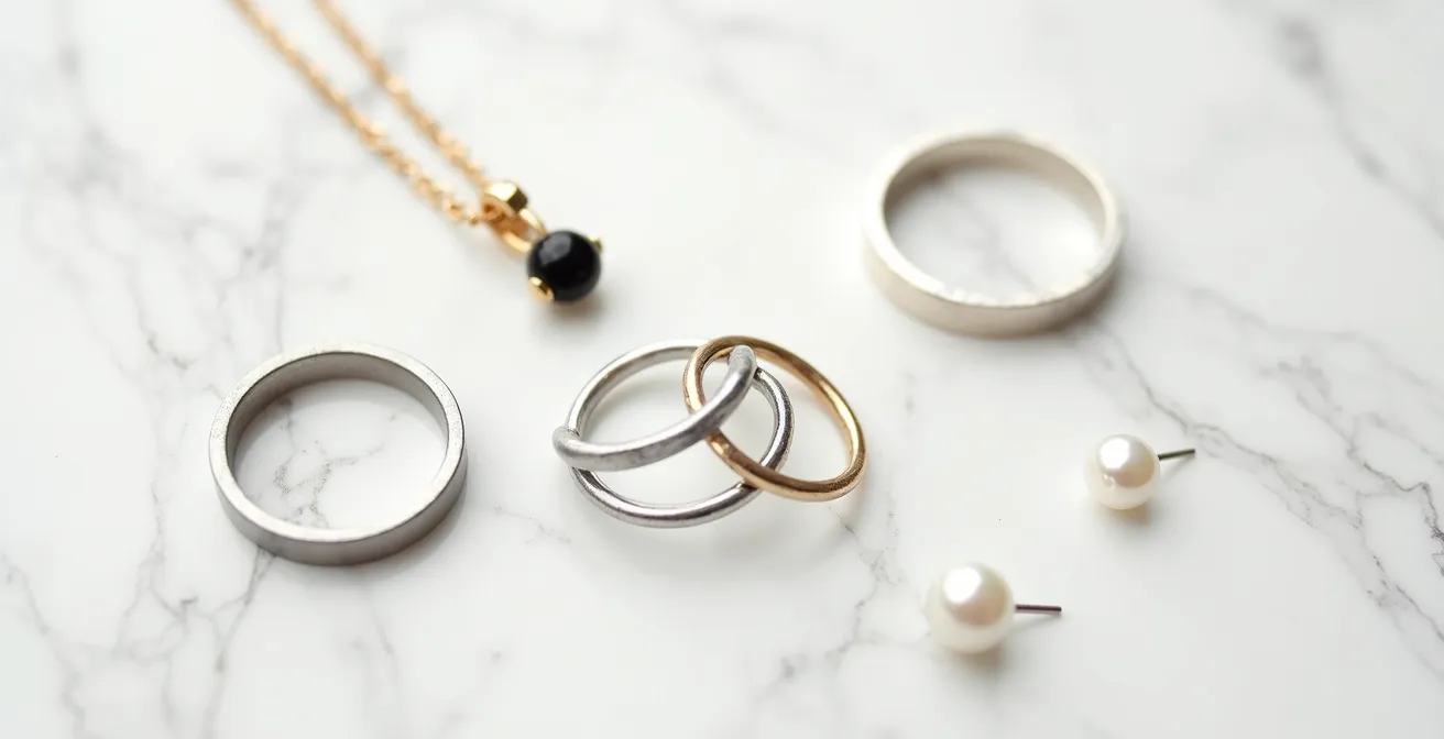 Composition minimaliste de bijoux en argent et or disposés sur marbre blanc