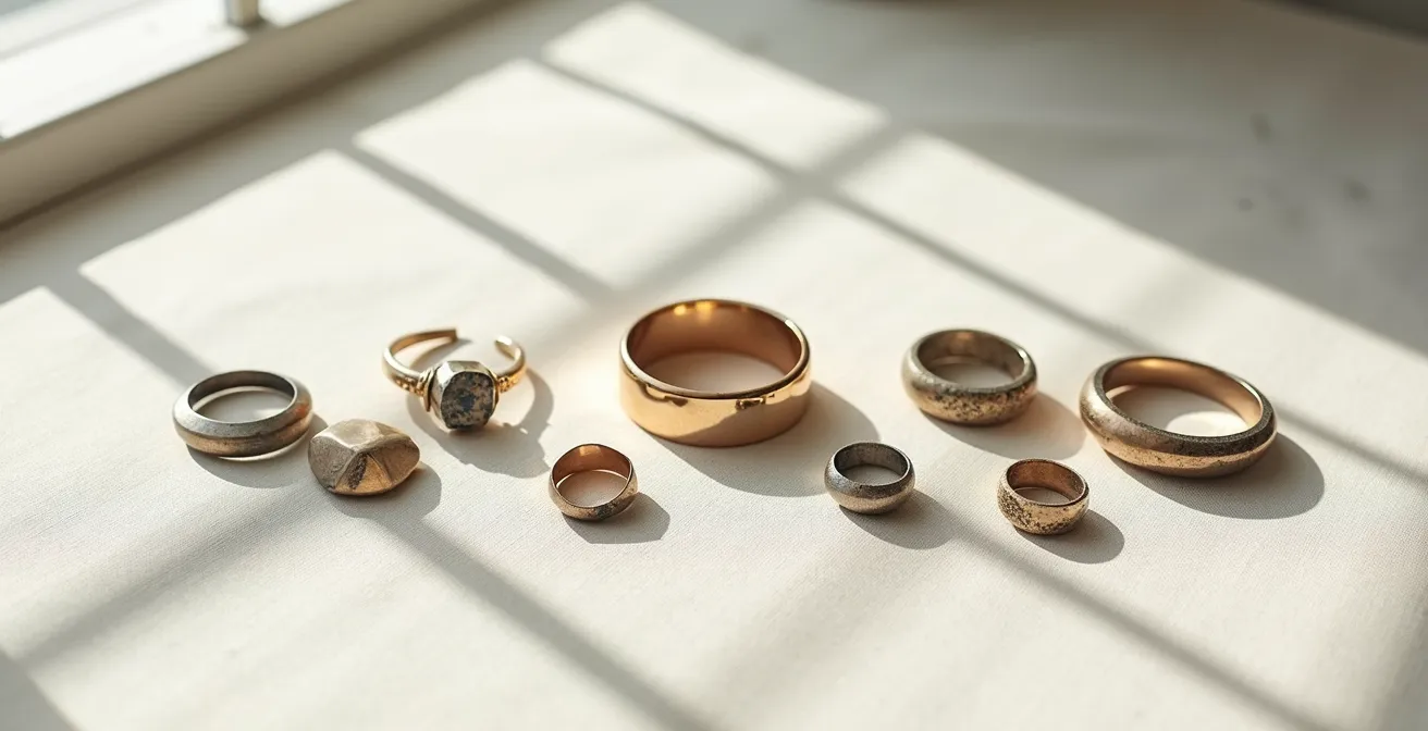 Vue panoramique de bijoux anciens et neufs montrant l'évolution naturelle de la patine