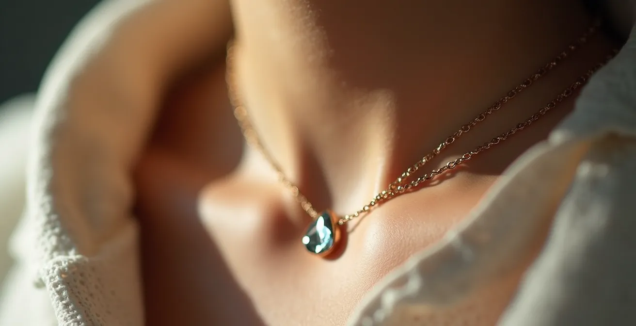 Vue macro d'un pendentif scintillant suspendu à exactement 2 cm au-dessus d'un tissu élégant