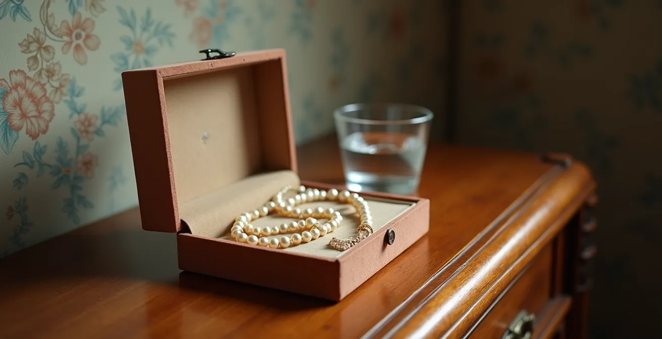 Écrin à bijoux ouvert avec collier de perles blanches et petit verre d'eau pour l'humidité