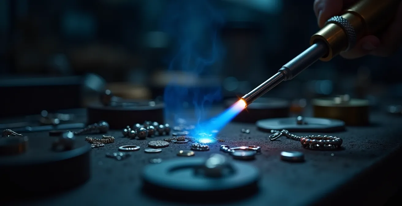 Atelier de joaillerie avec flamme haute température travaillant le platine