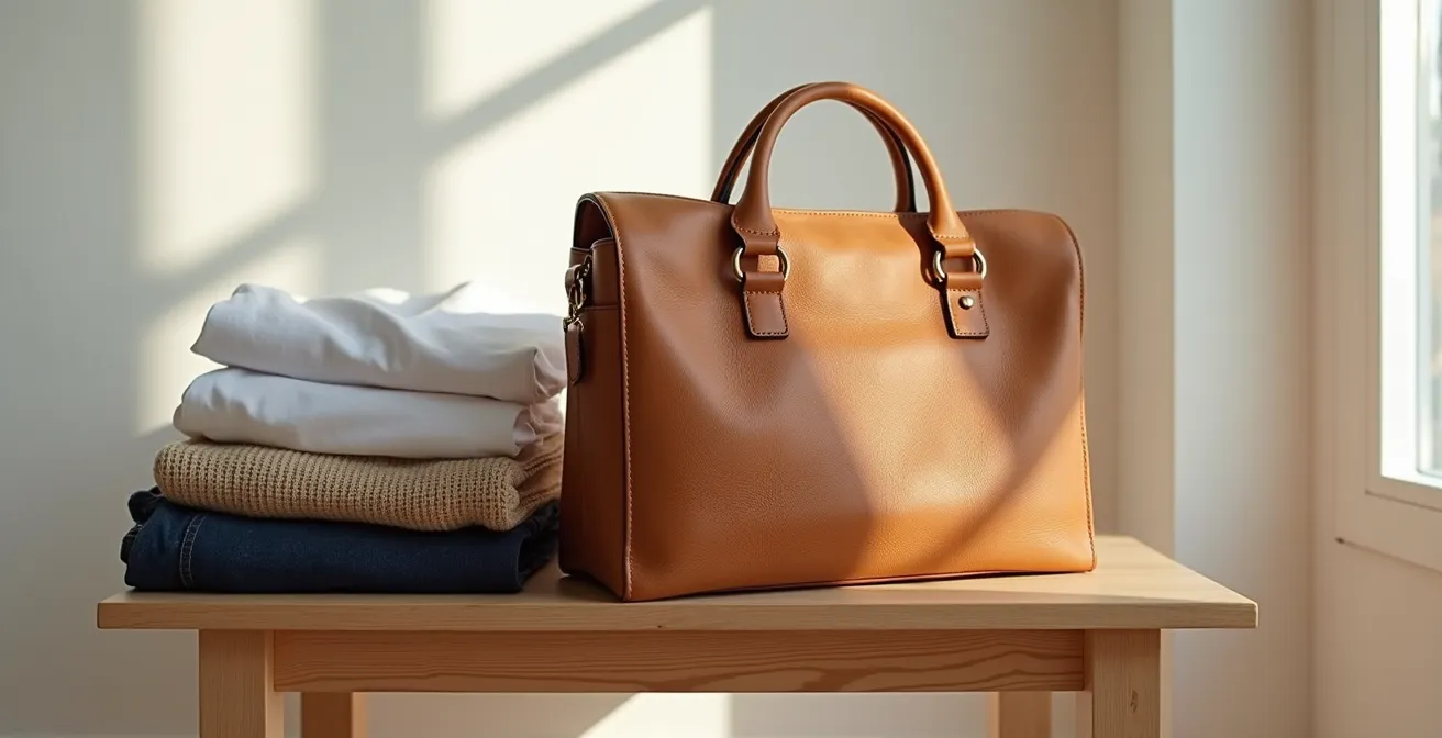 Sac en cuir camel de qualité posé sur une chaise, entouré de vêtements basiques neutres