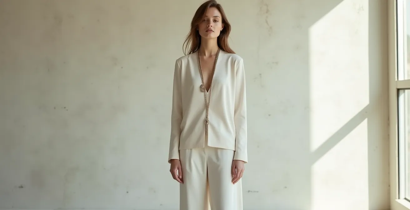 Femme portant un sautoir créant une ligne verticale élancée sur sa silhouette