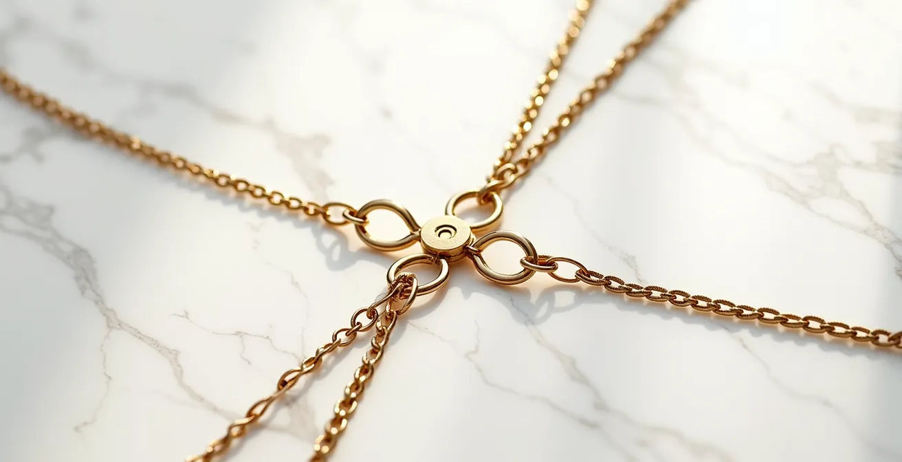 Gros plan sur un séparateur de colliers en métal doré avec trois chaînes attachées