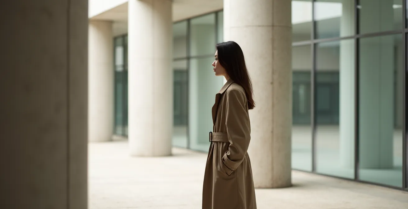 Silhouette minimaliste d'une femme en trench beige dans un environnement urbain épuré