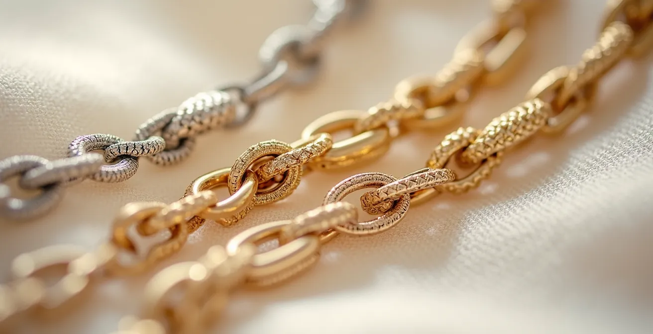 Démonstration élégante de trois colliers superposés de différentes longueurs et textures, sans aucun emmêlement.