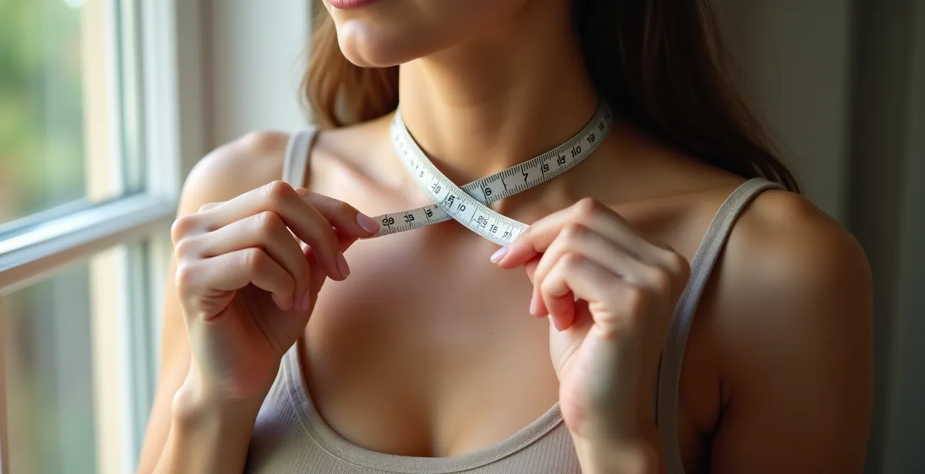 Démonstration de la technique de mesure d'un collier avec un ruban autour du cou.